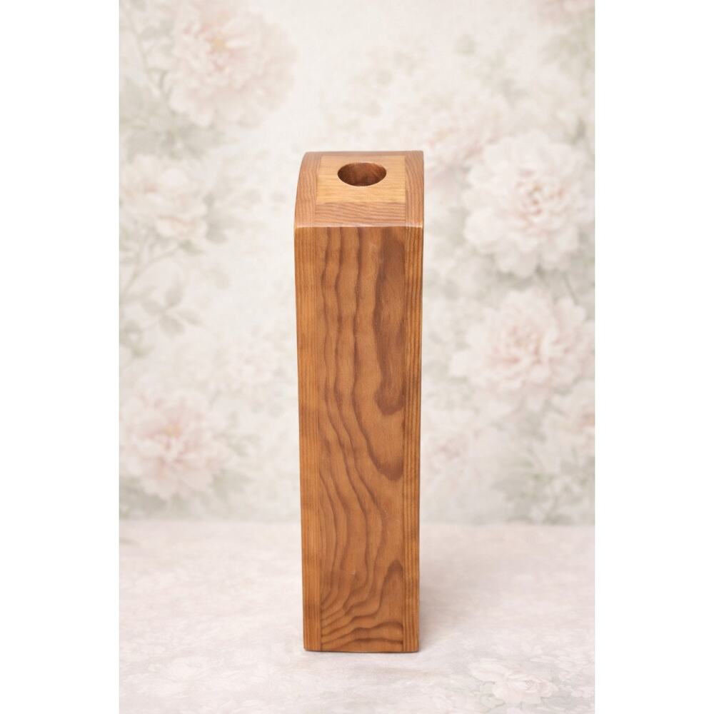 VTG Taper Candle Holder MCM Minimalist Handmade Square Wooden Rounded 9 inch